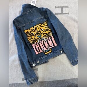 NWT Upcycled “Gucci” embroidered tiger patch denim jacket XS